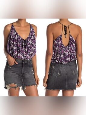 Free People Floral Print Tie-Back Tank Top - Purple Size Small